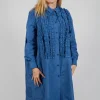 Light Taffeta Long Blouse with Ruffles in Blue