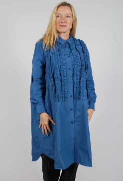 Light Taffeta Long Blouse with Ruffles in Blue