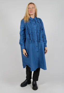 Light Taffeta Long Blouse with Ruffles in Blue