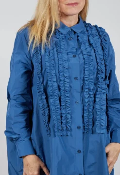 Light Taffeta Long Blouse with Ruffles in Blue