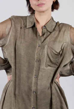 Lightweight Shirt Dress in Raso di Viscosa and Viscosa Seta Green Tuscany