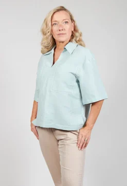Linen Blouse with Large Pockets in Sky