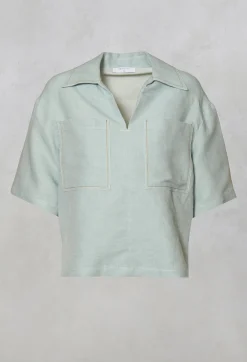 Linen Blouse with Large Pockets in Sky
