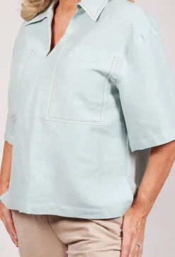Linen Blouse with Large Pockets in Sky