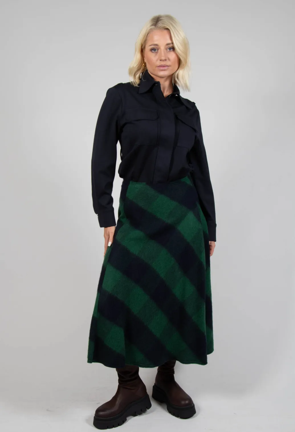 London Wool Check Skirt in Blue and Green