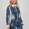 Long Coat with Contrast Lining in Denim Print