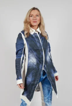 Long Coat with Contrast Lining in Denim Print