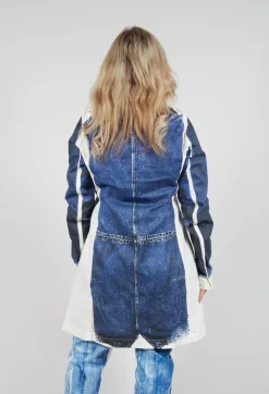 Long Coat with Contrast Lining in Denim Print