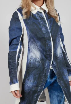 Long Coat with Contrast Lining in Denim Print