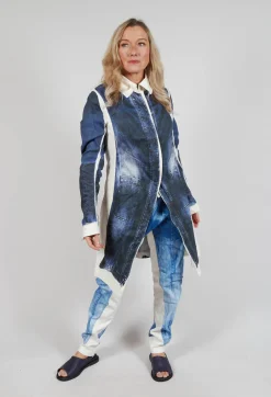 Long Coat with Contrast Lining in Denim Print