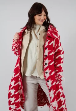 Long Dogstooth Coat in Cardinal Bone Jacquard