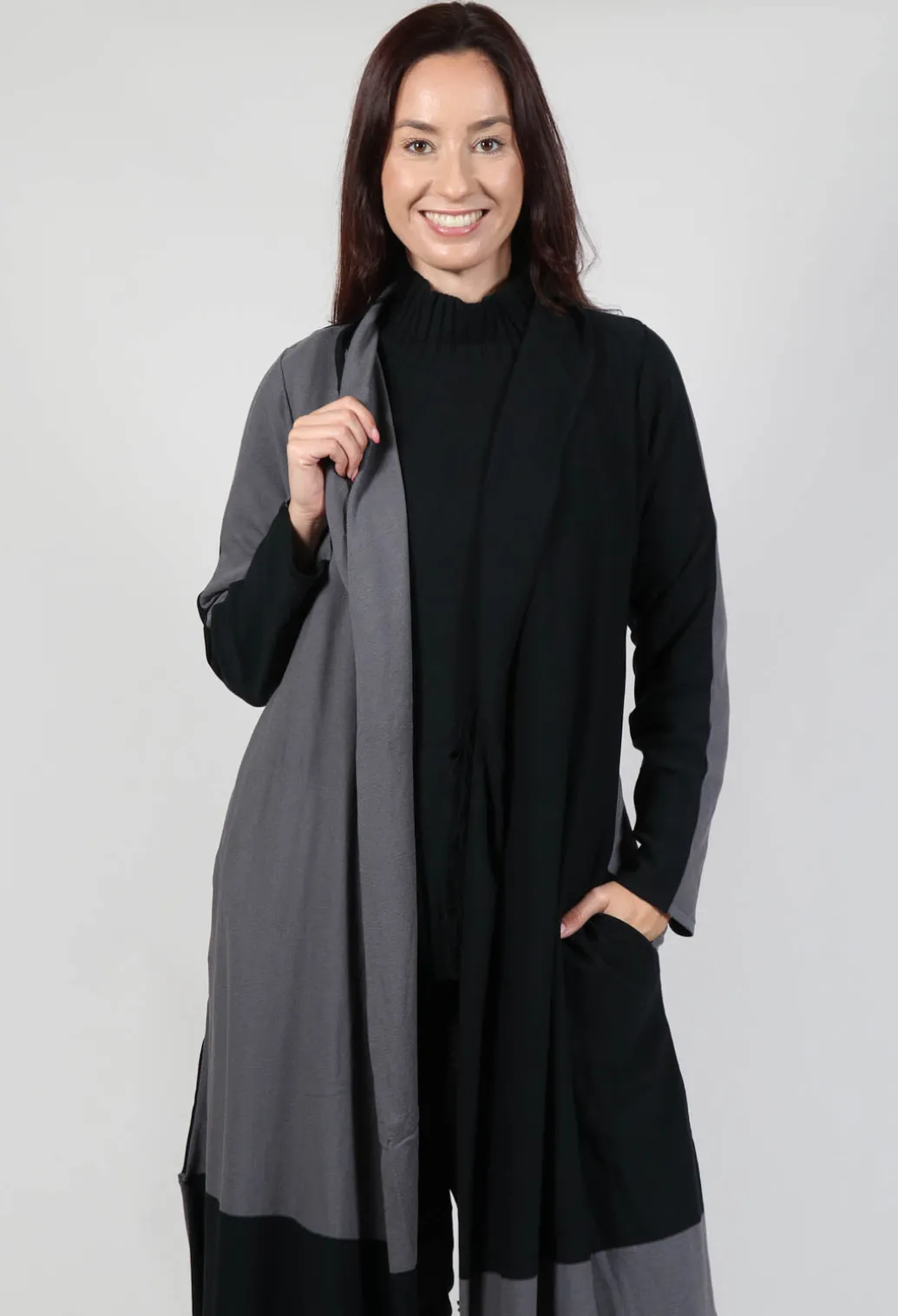 Long Length Cardigan in Black Grey Check