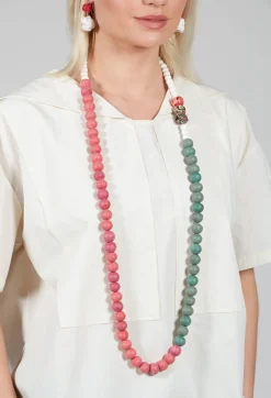 Long Length Necklace with Floral Beading in Red and Green