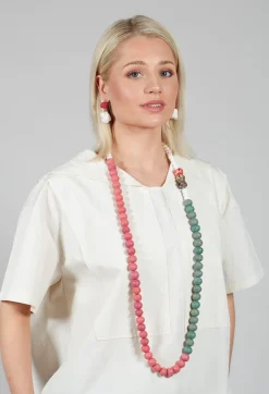 Long Length Necklace with Floral Beading in Red and Green