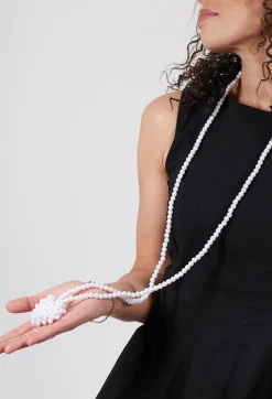 Long Necklace with Heart Pendant in Pearl White