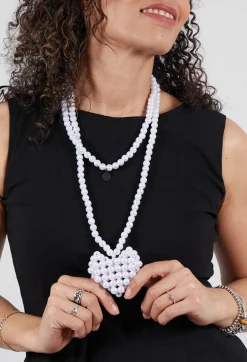 Long Necklace with Large Heart Pendant in Pearl White