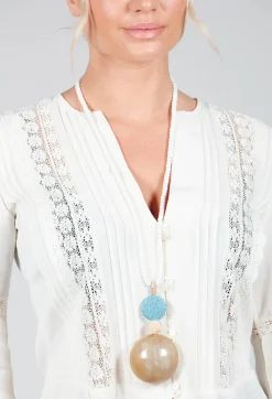 Long Necklace with Small Beads and Large Resin Pendant