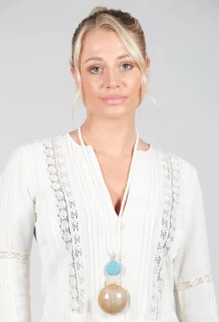 Long Necklace with Small Beads and Large Resin Pendant