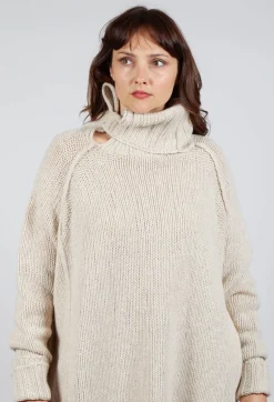 Long Relaxed Roll Neck Jumper in Bone Mel