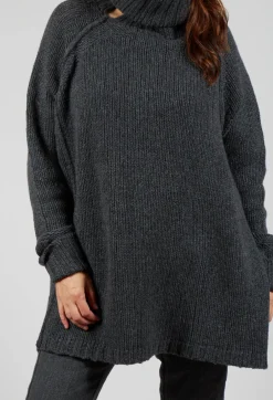 Long Relaxed Roll Neck Jumper in Slate Mel