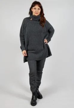 Long Relaxed Roll Neck Jumper in Slate Mel