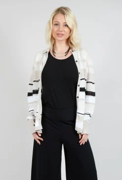 Long Sleeve Button Through Cardigan in Beige Stripe