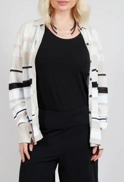 Long Sleeve Button Through Cardigan in Beige Stripe