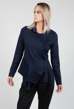 Long Sleeve Jacket with Asymmetric Peplum Hem in Dark Blue