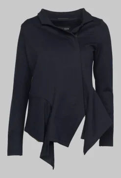 Long Sleeve Jacket with Asymmetric Peplum Hem in Dark Blue