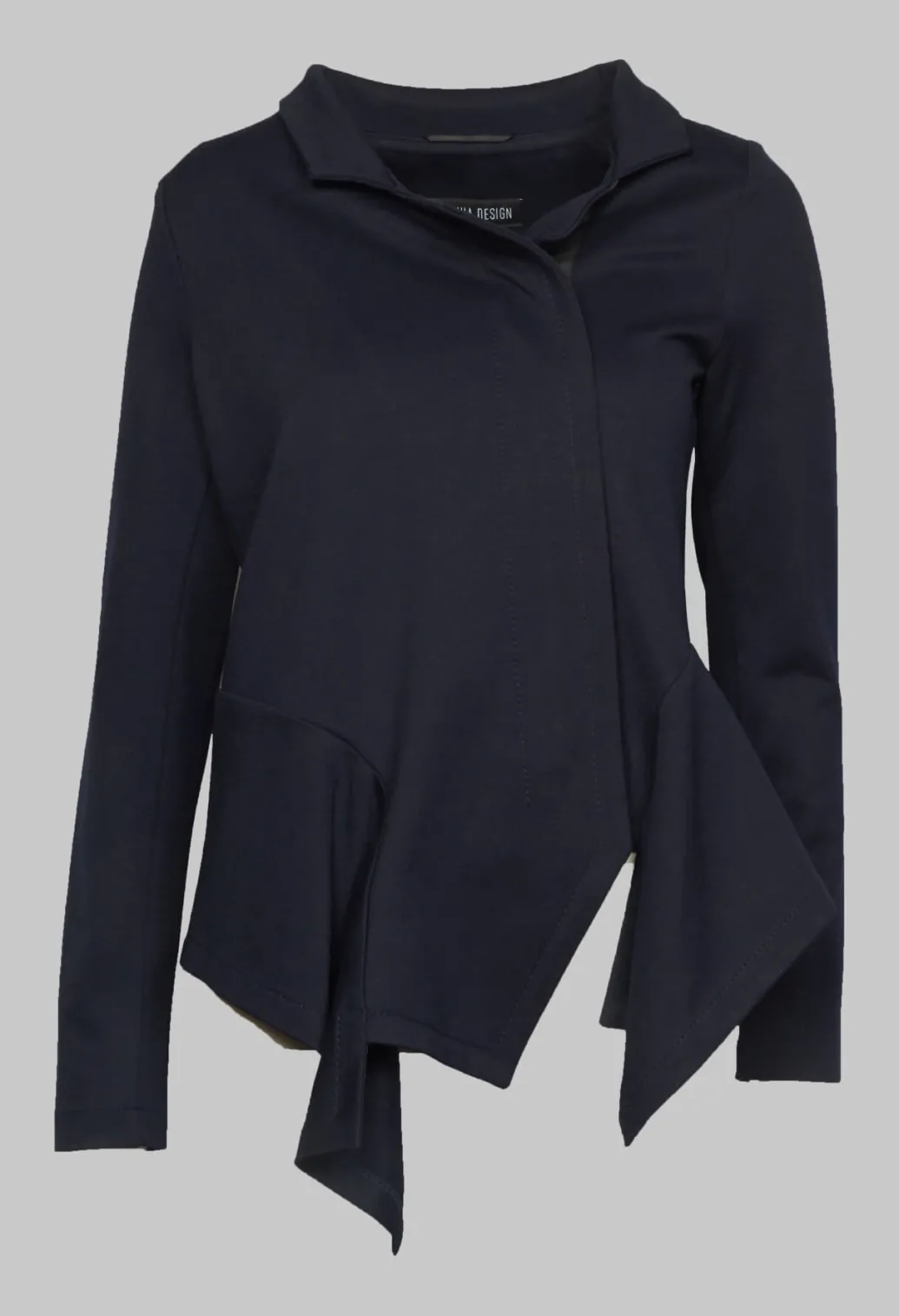 Long Sleeve Jacket with Asymmetric Peplum Hem in Dark Blue