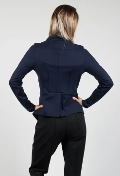 Long Sleeve Jacket with Asymmetric Peplum Hem in Dark Blue