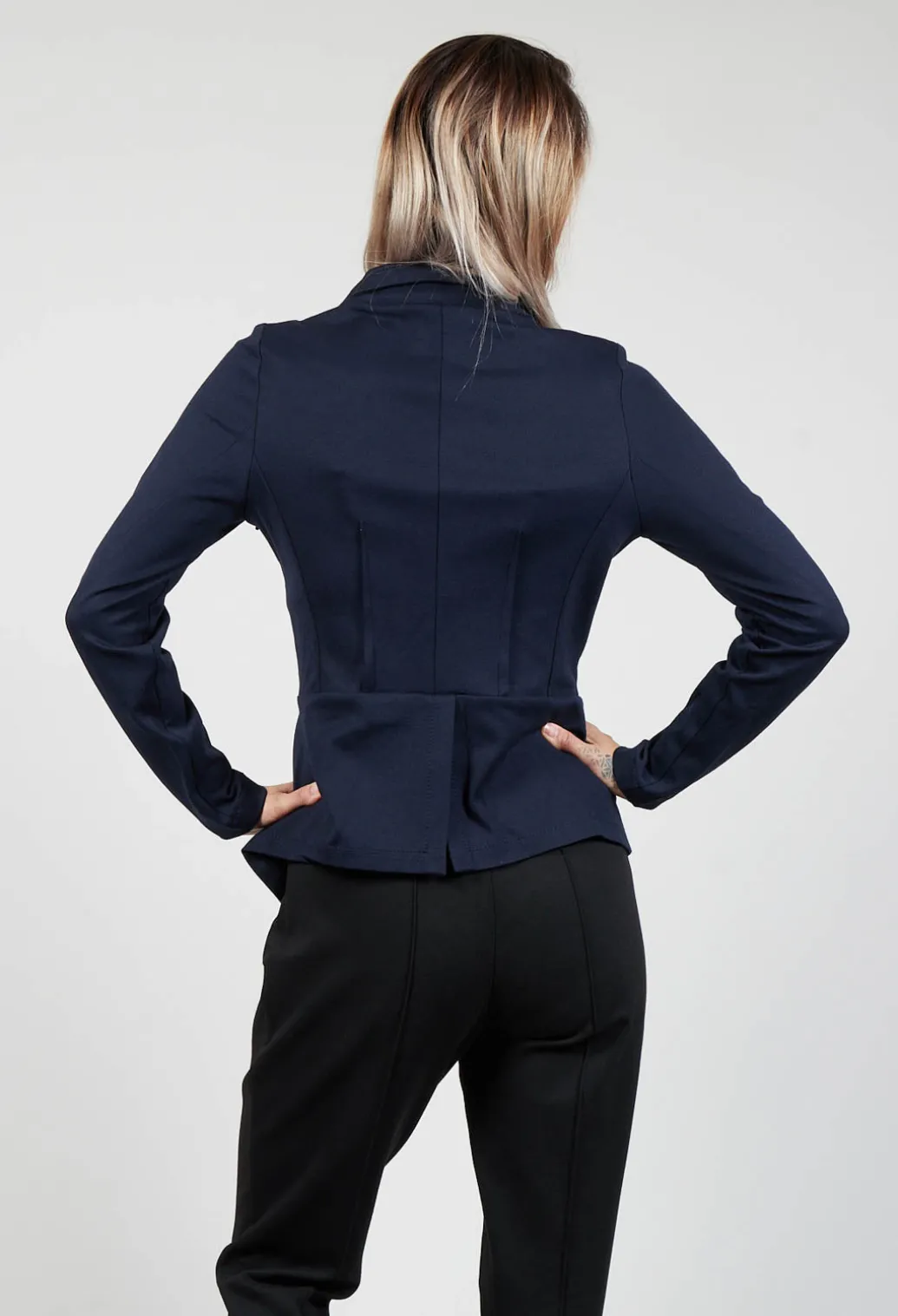 Long Sleeve Jacket with Asymmetric Peplum Hem in Dark Blue