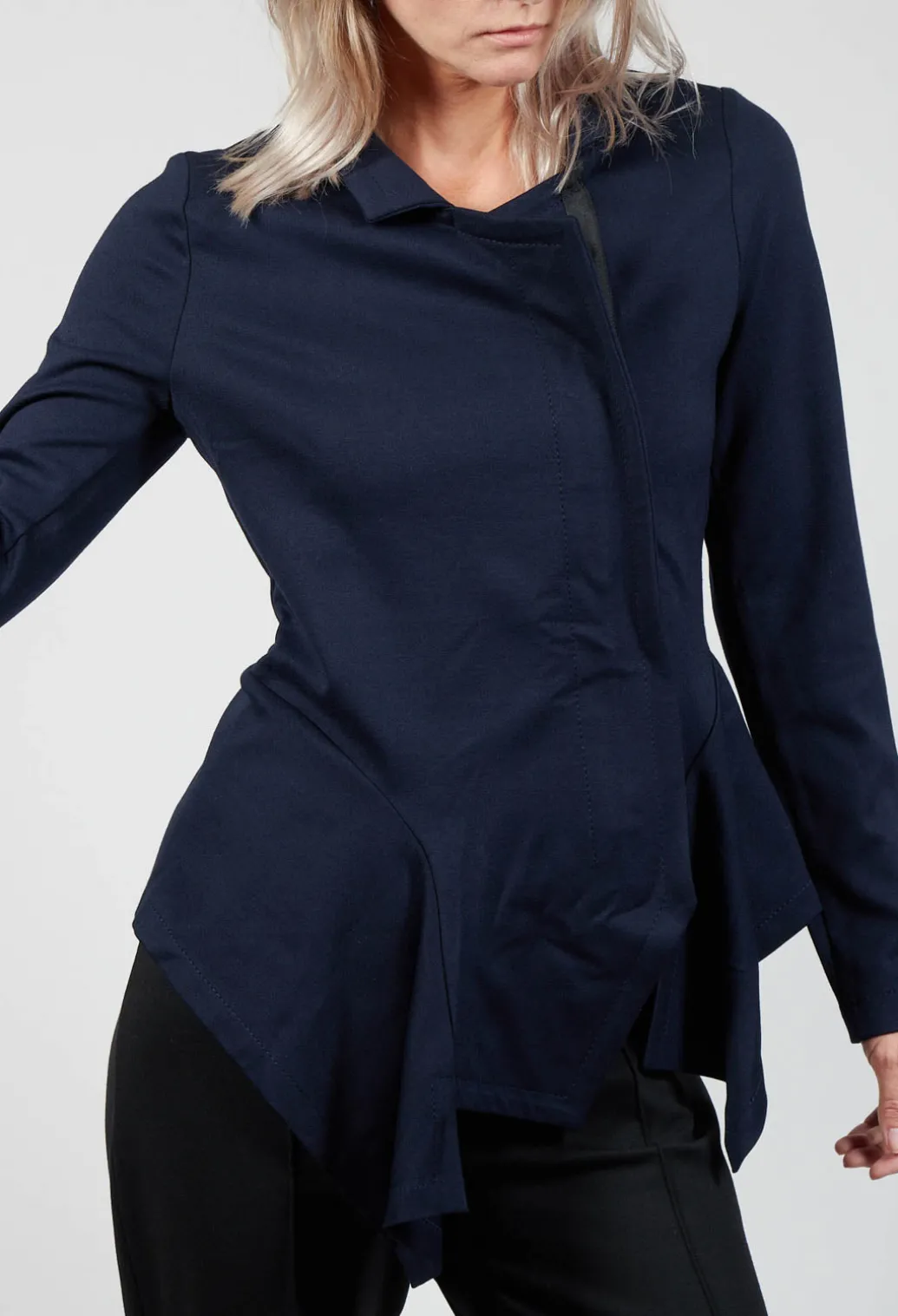 Long Sleeve Jacket with Asymmetric Peplum Hem in Dark Blue