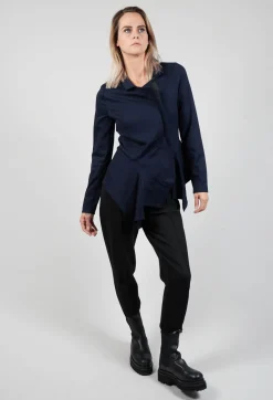Long Sleeve Jacket with Asymmetric Peplum Hem in Dark Blue