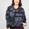 Long Sleeve Jersey Top with Cowl Neck in Black Print
