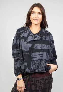 Long Sleeve Jersey Top with Cowl Neck in Black Print