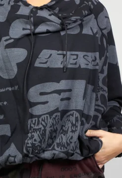 Long Sleeve Jersey Top with Cowl Neck in Black Print