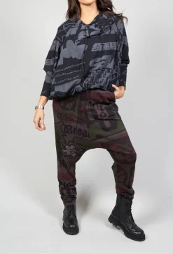 Long Sleeve Jersey Top with Cowl Neck in Black Print