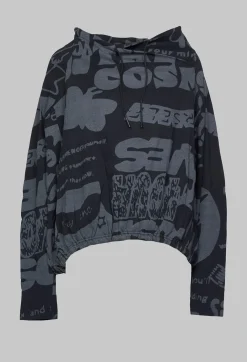 Long Sleeve Jersey Top with Cowl Neck in Black Print