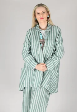 Long Sleeve Linen Stripe  Jacket in Teal