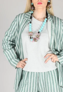 Long Sleeve Linen Stripe  Jacket in Teal