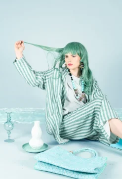 Long Sleeve Linen Stripe  Jacket in Teal