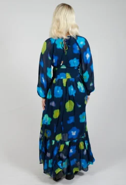 Long Sleeve Patterned Maxi Dress in Marine