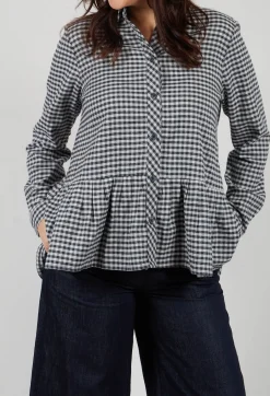 Long Sleeve Shirt with Flared Hem in Navy Check