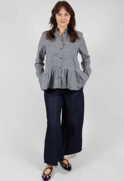 Long Sleeve Shirt with Flared Hem in Navy Check
