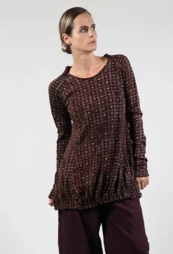 Long Sleeve Top with Gathered Hem in Bronze Check