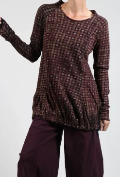 Long Sleeve Top with Gathered Hem in Bronze Check