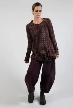 Long Sleeve Top with Gathered Hem in Bronze Check