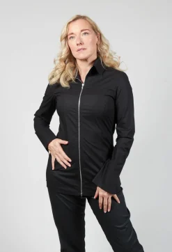 Long Sleeved Blouse with Zip Detail in Black