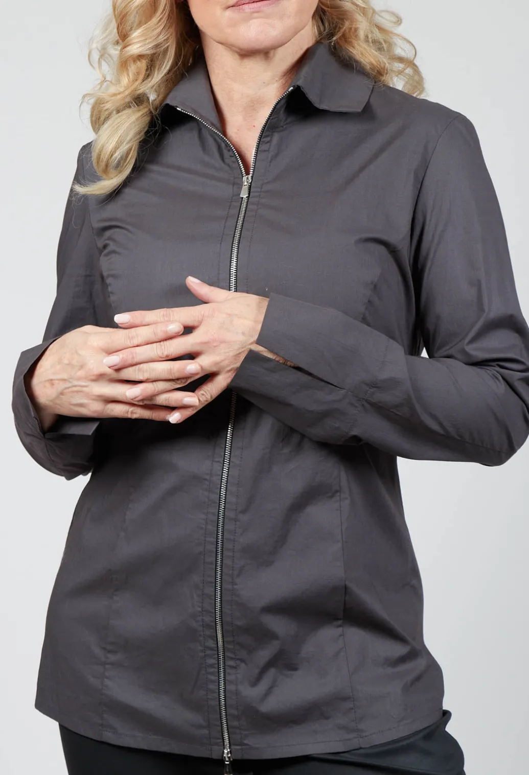 Long Sleeved Blouse with Zip Detail in Grey